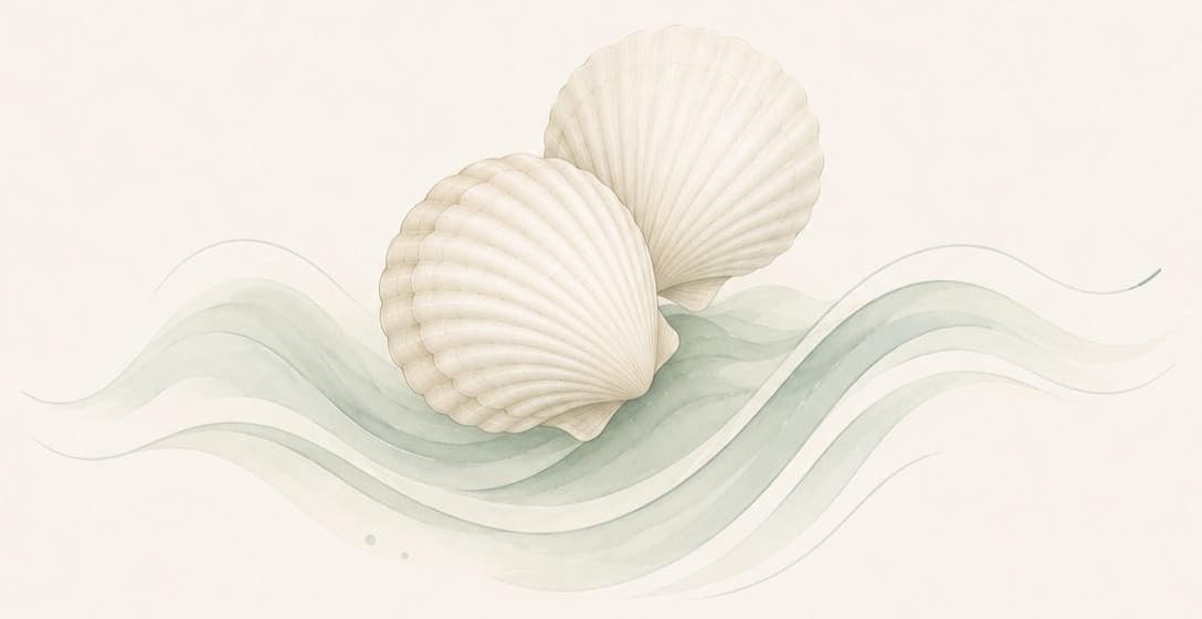 Pelagos beeldmerk: twee schelpen op een zeegroene golf